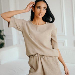 Muslin Cotton Womens Pajama Sets - Short Sleeve and Shorts Pajamas - Cute Pajama